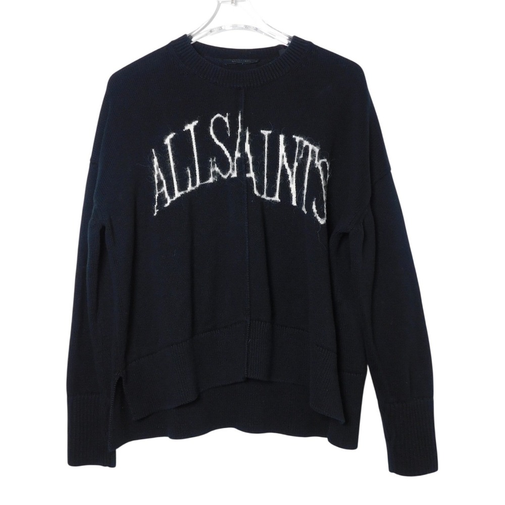 AllSaints Split Saints Crewneck Sweater Black Wool Alpaca Logo Mens Medium